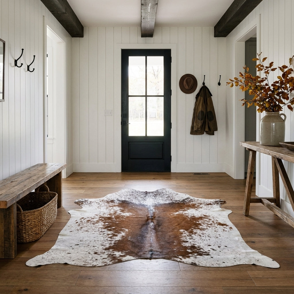 Brown salt and pepper cowhide rug on the oak floor of a modern farmhouse entry hall with a wooden bench and black front door