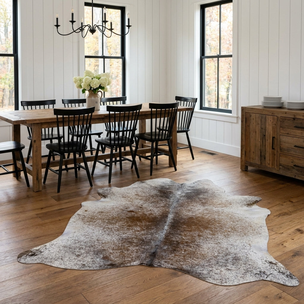 Brown salt and pepper cowhide rug on the oak floor of a modern farmhouse dining room with a rustic wood table and black Windsor chairs