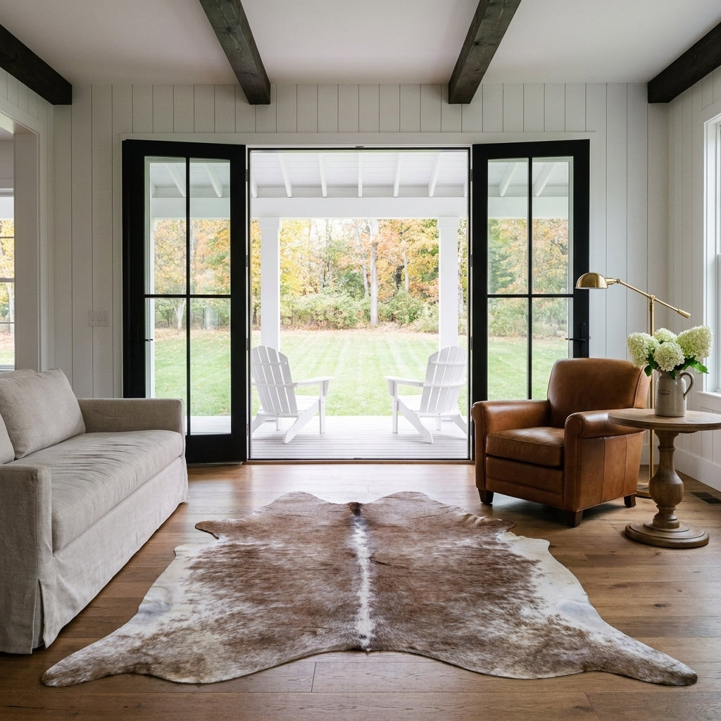 Brown salt and pepper cowhide rug in a modern farmhouse living room with open black French doors, linen sofa and leather club chair