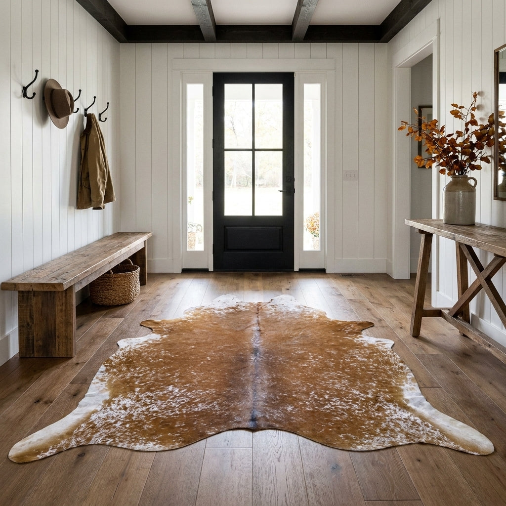 Brown salt and pepper cowhide rug on the oak floor of a modern farmhouse entry hall with a wooden bench and black front door
