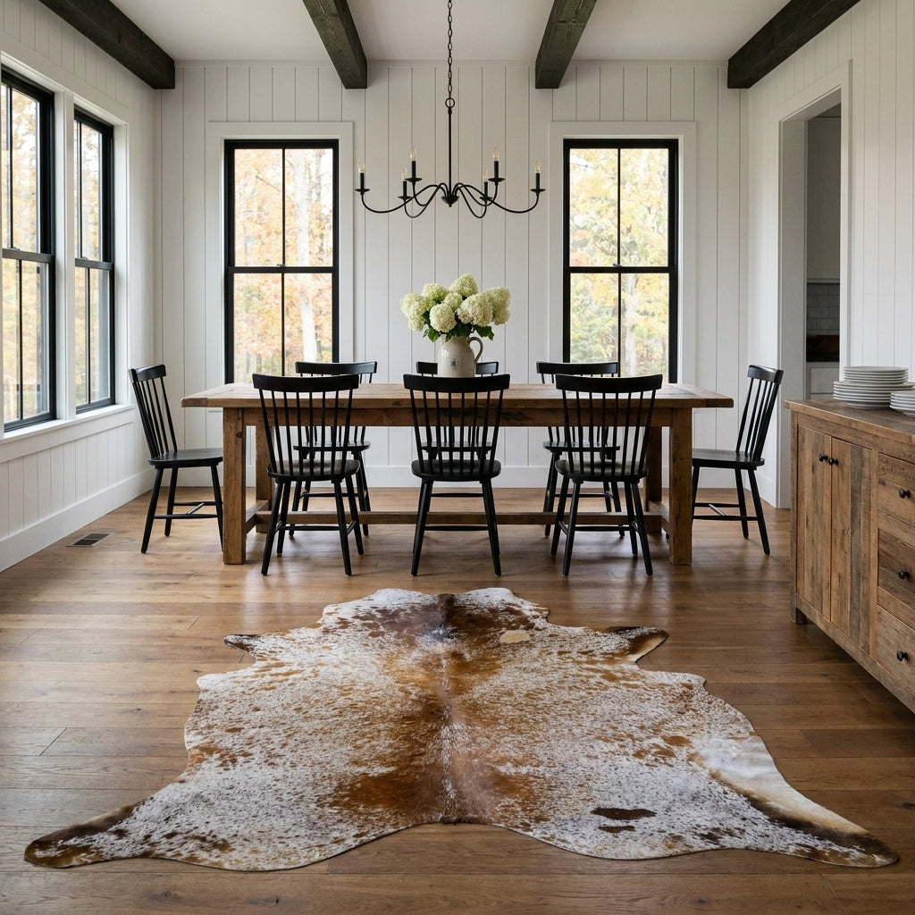 Brown salt and pepper cowhide rug on the oak floor of a modern farmhouse dining room with a rustic wood table and black Windsor chairs