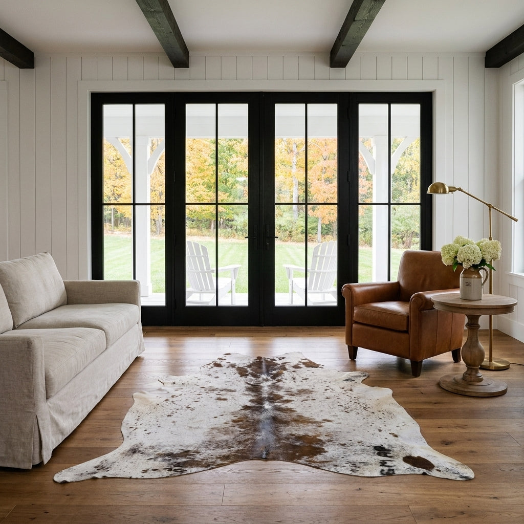 Brown and black speckled cowhide rug in a modern farmhouse living room with black French doors, linen sofa and leather club chair