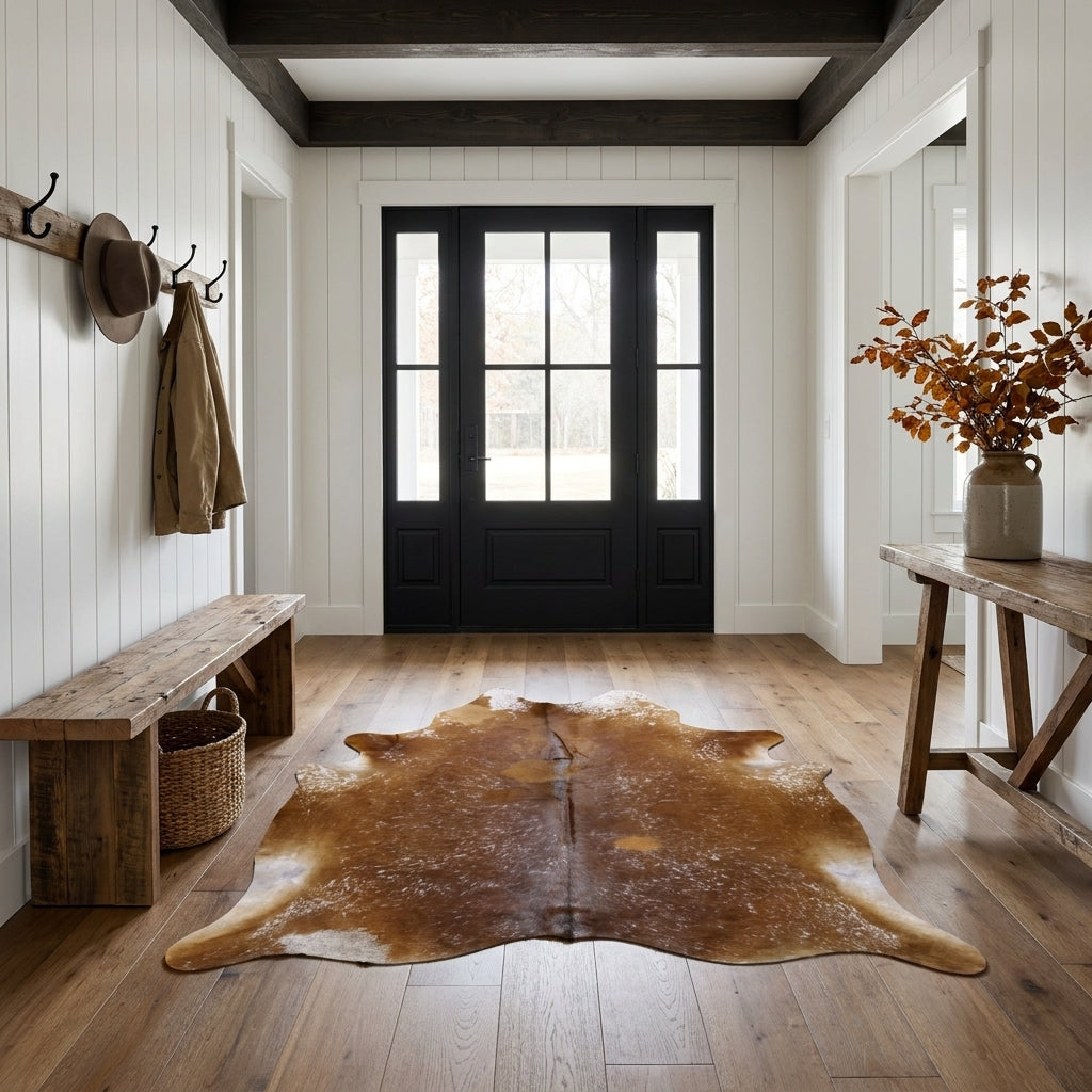 Golden brown salt and pepper cowhide rug on the oak floor of a modern farmhouse entry hall with a wooden bench and black front door
