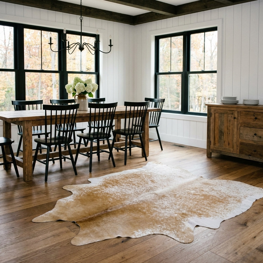 Golden brown salt and pepper cowhide rug on the oak floor of a modern farmhouse dining room with a rustic wood table and black Windsor chairs