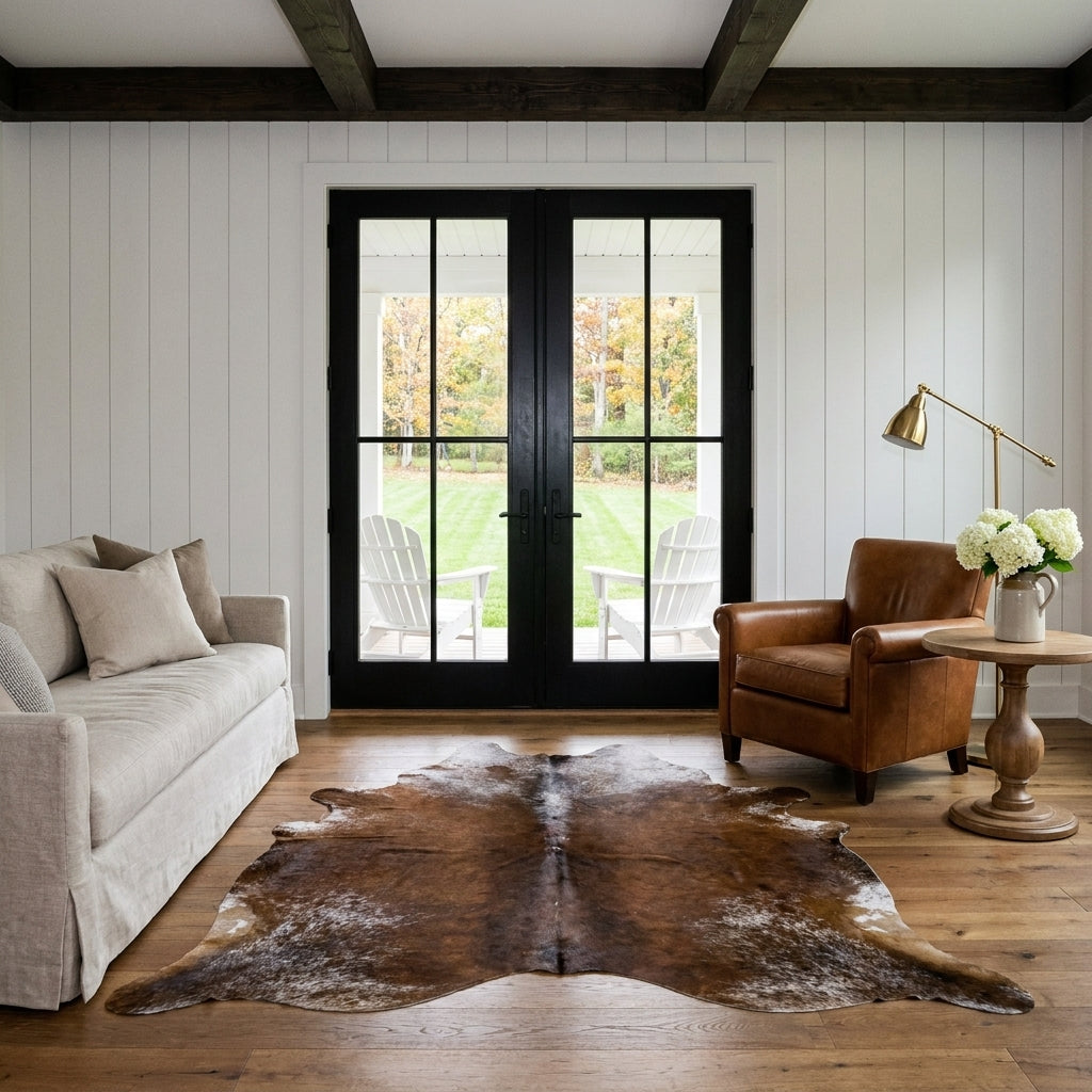 Chestnut brown salt and pepper cowhide rug in a modern farmhouse living room with black French doors, linen sofa and leather club chair