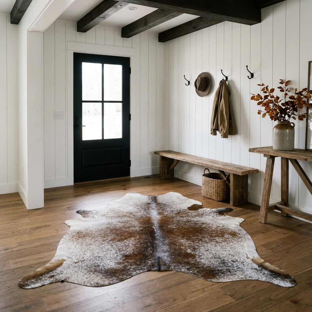 Brown salt and pepper cowhide rug on the oak floor of a modern farmhouse entry hall with a wooden bench and black front door