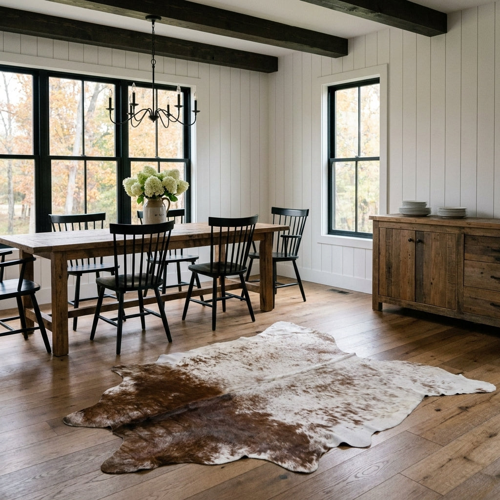 Brown salt and pepper cowhide rug on the oak floor of a modern farmhouse dining room with a rustic wood table and black Windsor chairs