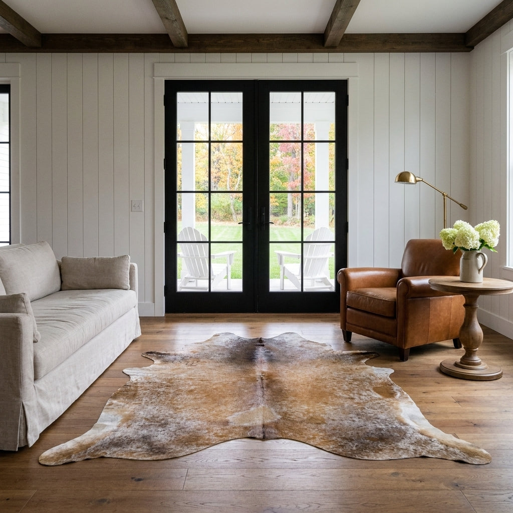 Brown salt and pepper cowhide rug in a modern farmhouse living room with black French doors, linen sofa and leather club chair