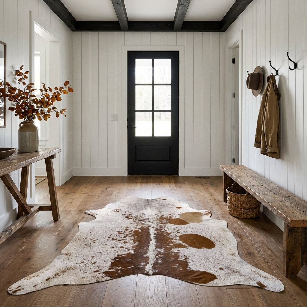 Brown salt and pepper cowhide rug on the oak floor of a modern farmhouse entry hall with a wooden bench and black front door