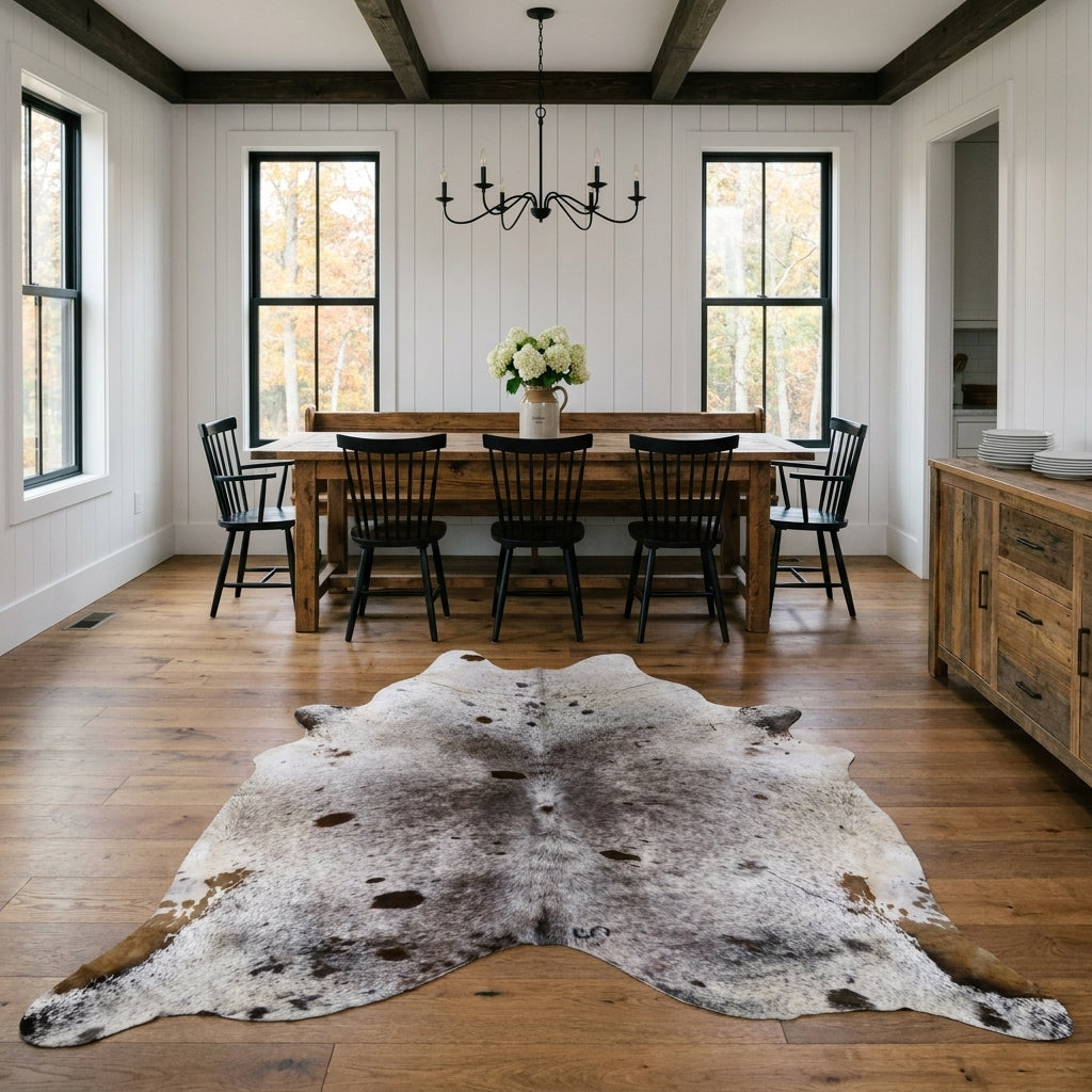 Brown salt and pepper cowhide rug on the oak floor of a modern farmhouse dining room with a rustic wood table and black Windsor chairs