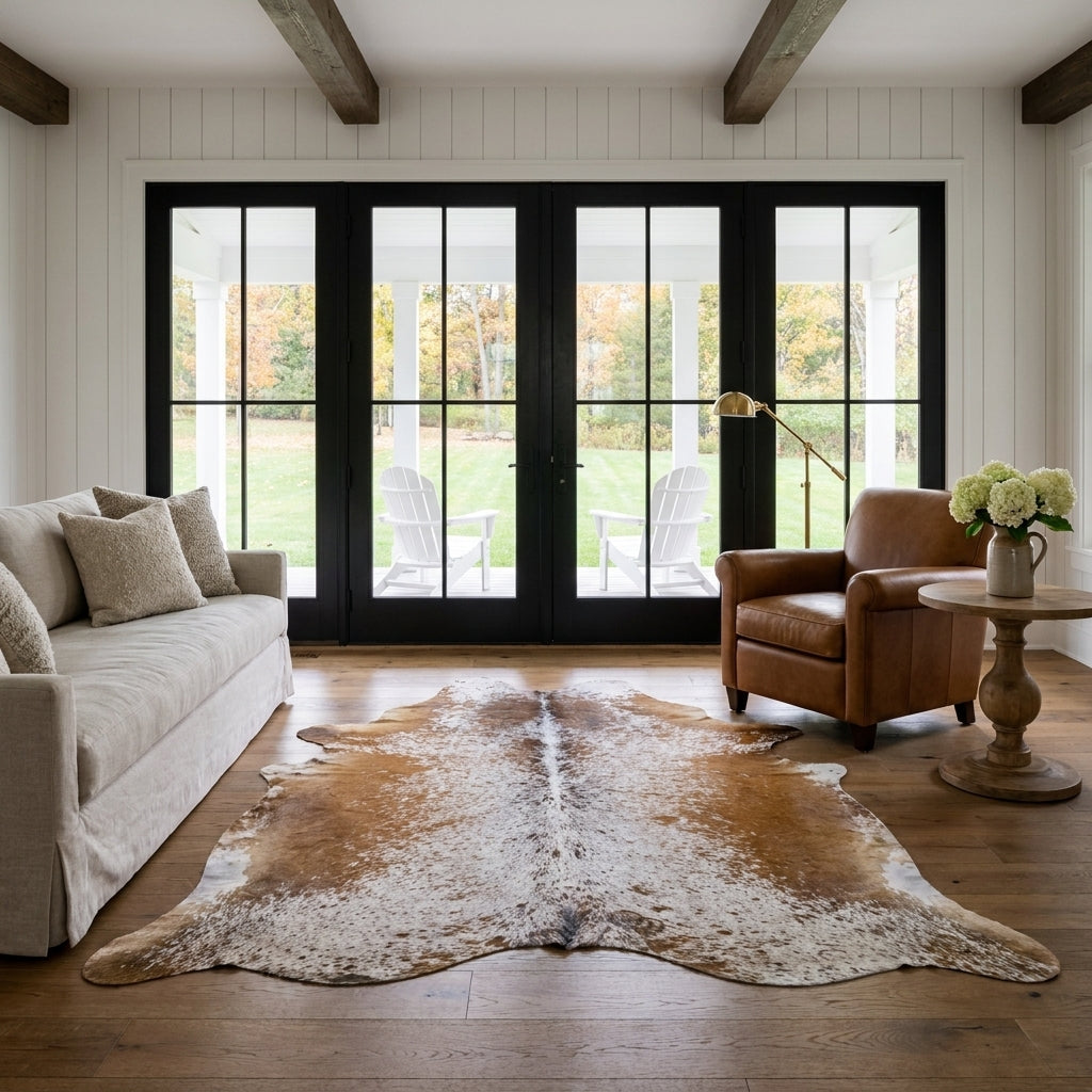 Brown salt and pepper cowhide rug in a modern farmhouse living room with black French doors, linen sofa and leather club chair