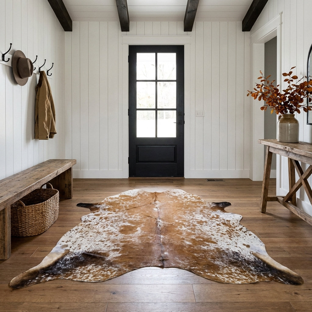 Caramel brown salt and pepper cowhide rug on the oak floor of a modern farmhouse entry hall with a wooden bench and black front door