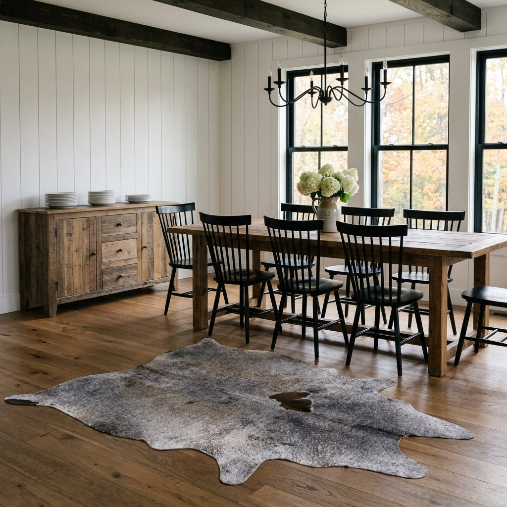Brown salt and pepper cowhide rug on the oak floor of a modern farmhouse dining room with a rustic wood table and black Windsor chairs