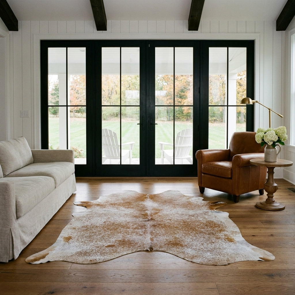 Brown salt and pepper cowhide rug in a modern farmhouse living room with black French doors, linen sofa and leather club chair