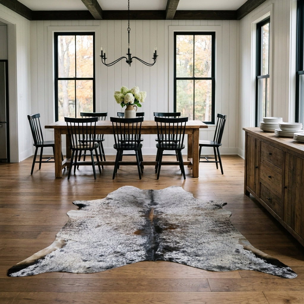 Brown salt and pepper cowhide rug on the oak floor of a modern farmhouse dining room with a rustic wood table and black Windsor chairs