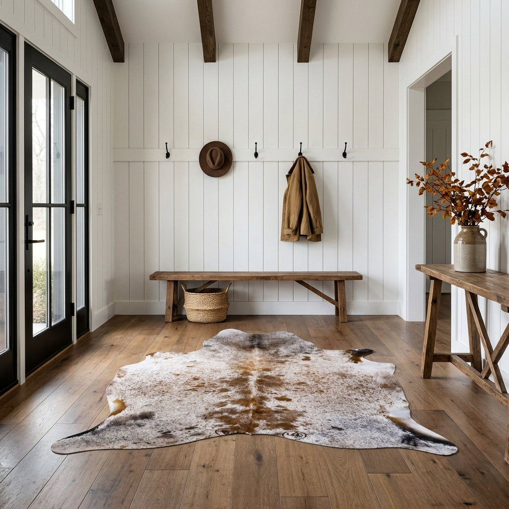 Brown salt and pepper cowhide rug on the oak floor of a modern farmhouse entry hall with a wooden bench and black front door