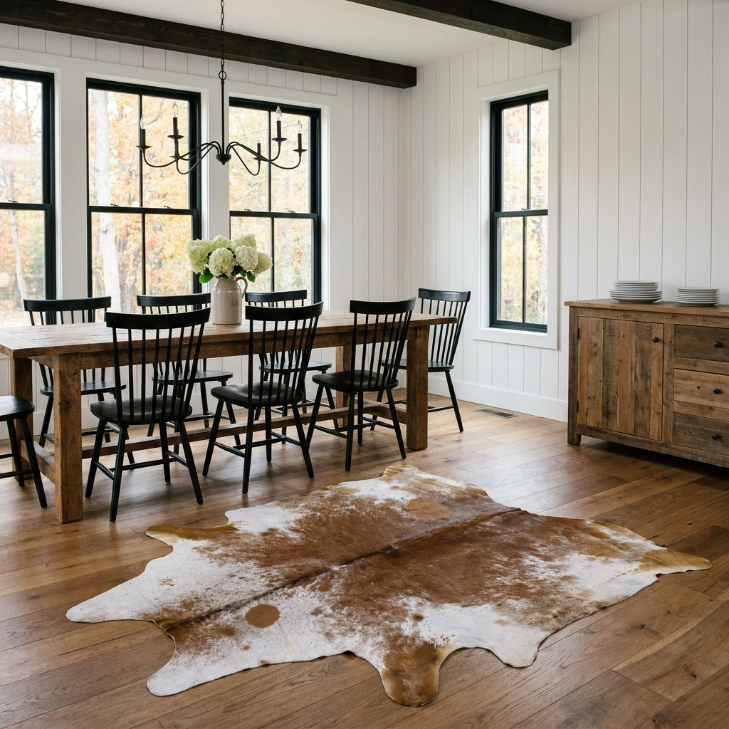 Brown salt and pepper cowhide rug on the oak floor of a modern farmhouse dining room with a rustic wood table and black Windsor chairs
