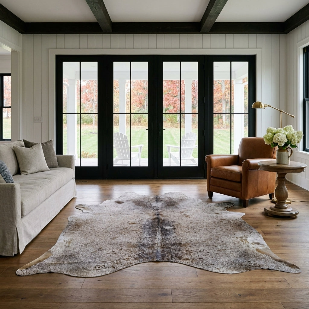 Brown salt and pepper cowhide rug in a modern farmhouse living room with black French doors, linen sofa and leather club chair