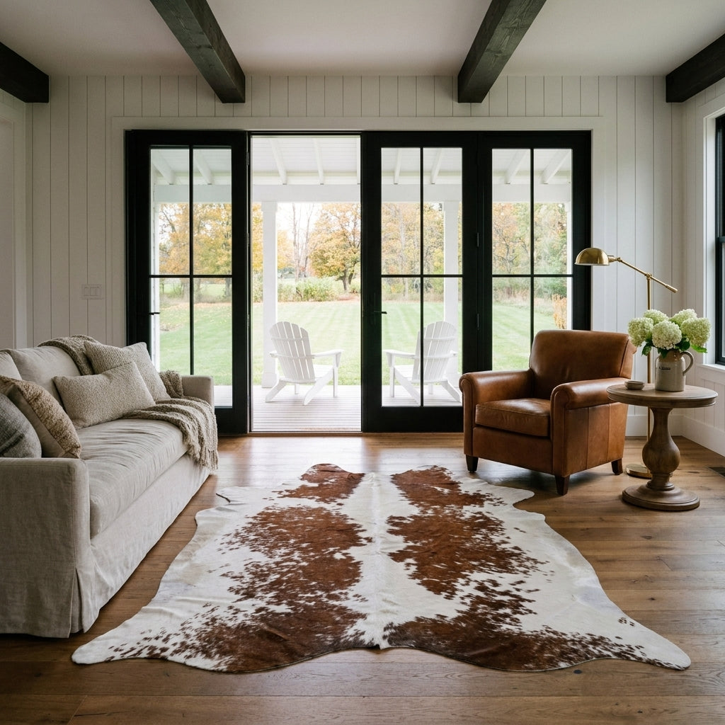 Brown and white cowhide rug in a modern farmhouse living room with open black French doors, linen sofa and leather club chair