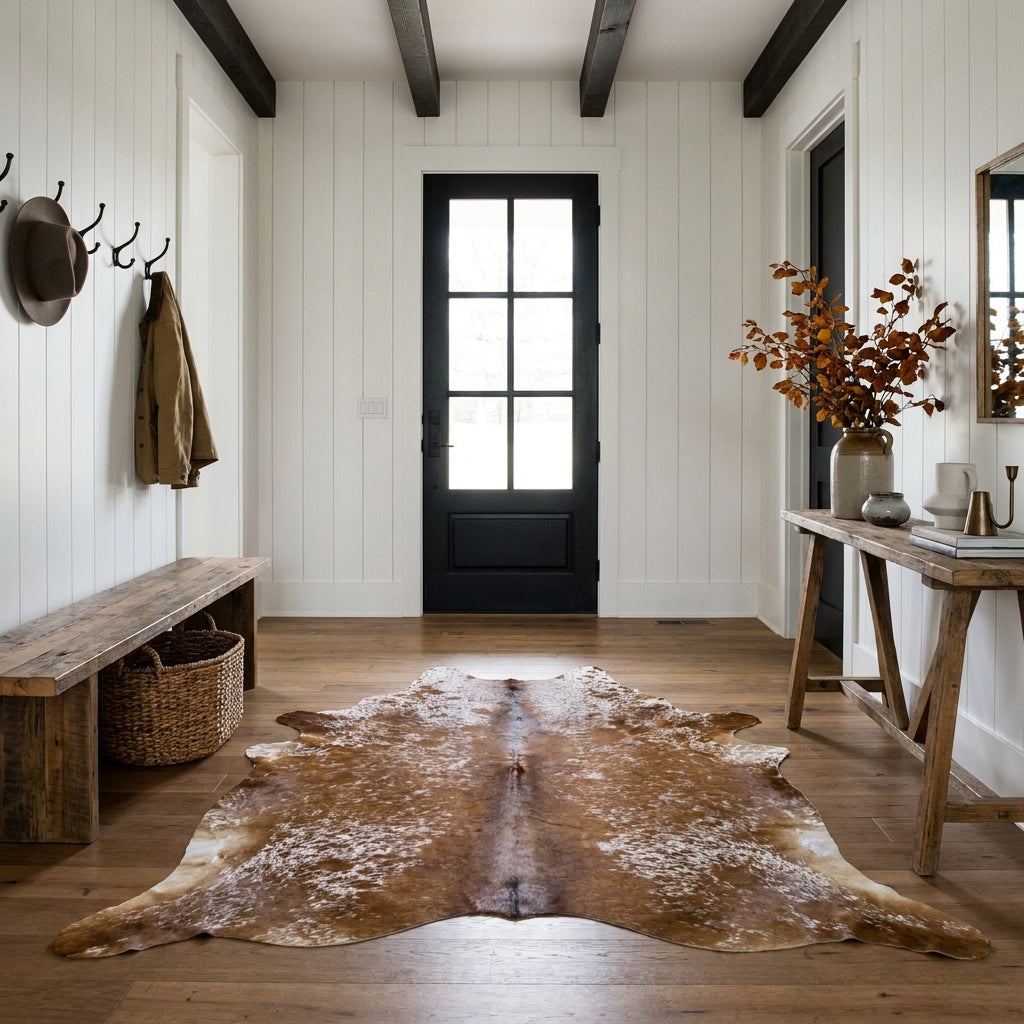 Brown salt and pepper cowhide rug on the oak floor of a modern farmhouse entry hall with a wooden bench and black front door