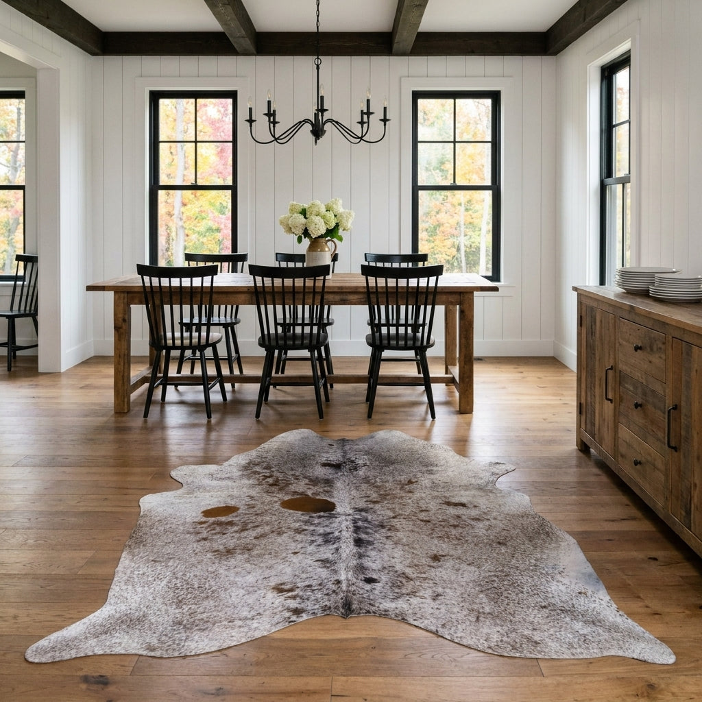 Brown salt and pepper cowhide rug on the oak floor of a modern farmhouse dining room with a rustic wood table and black Windsor chairs