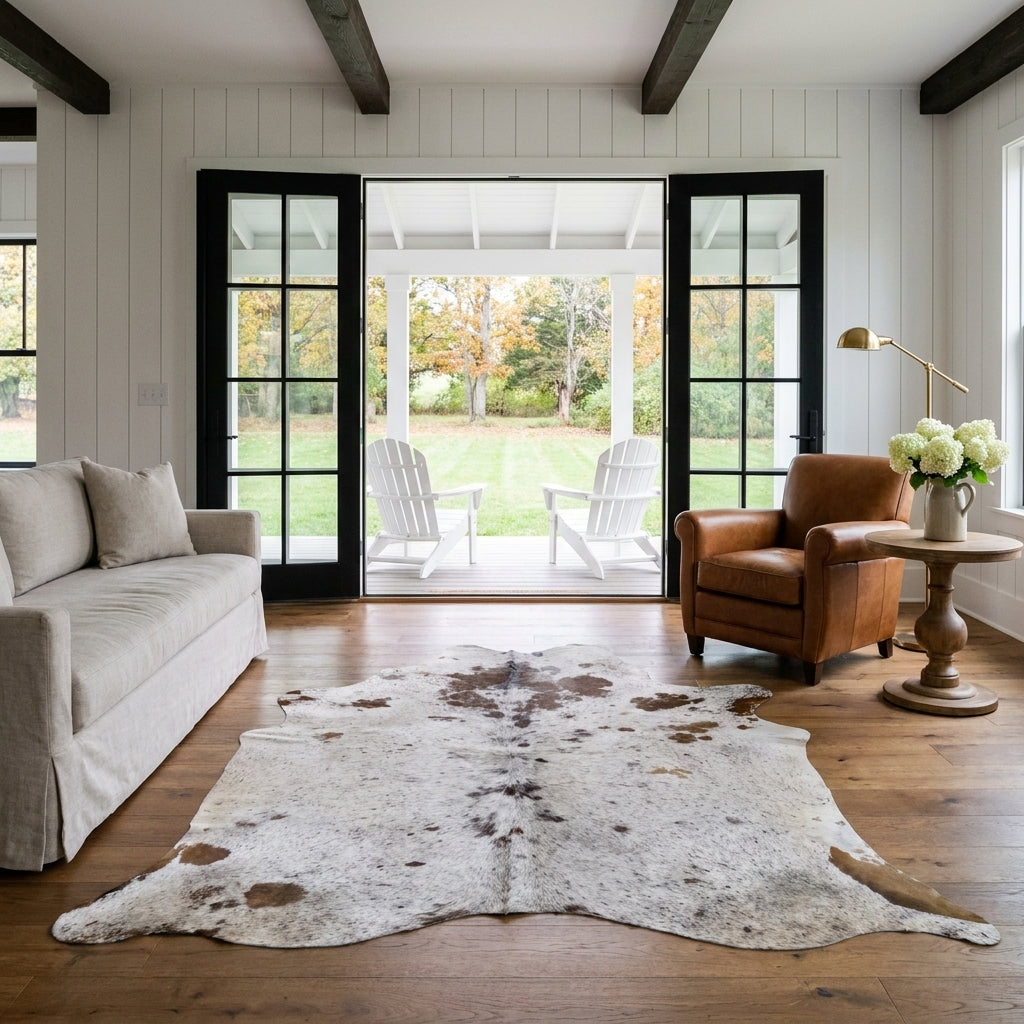 Brown salt and pepper cowhide rug in a modern farmhouse living room with open black French doors, linen sofa and leather club chair