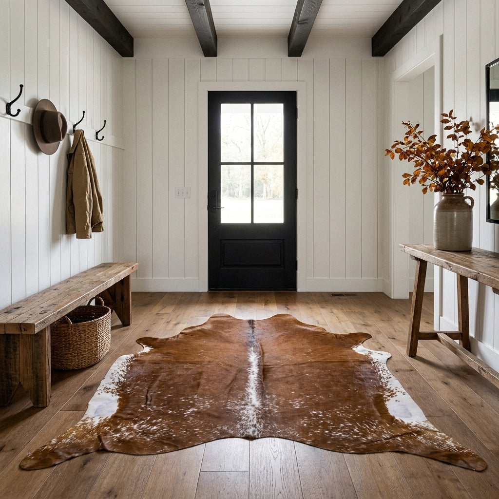 Brown salt and pepper cowhide rug on the oak floor of a modern farmhouse entry hall with a wooden bench and black front door