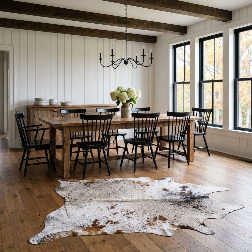 Brown salt and pepper cowhide rug on the oak floor of a modern farmhouse dining room with a rustic wood table and black Windsor chairs