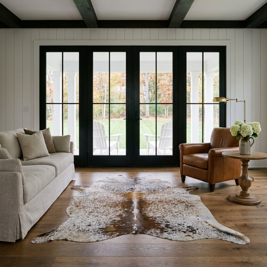 Brown salt and pepper cowhide rug in a modern farmhouse living room with black French doors, linen sofa and leather club chair