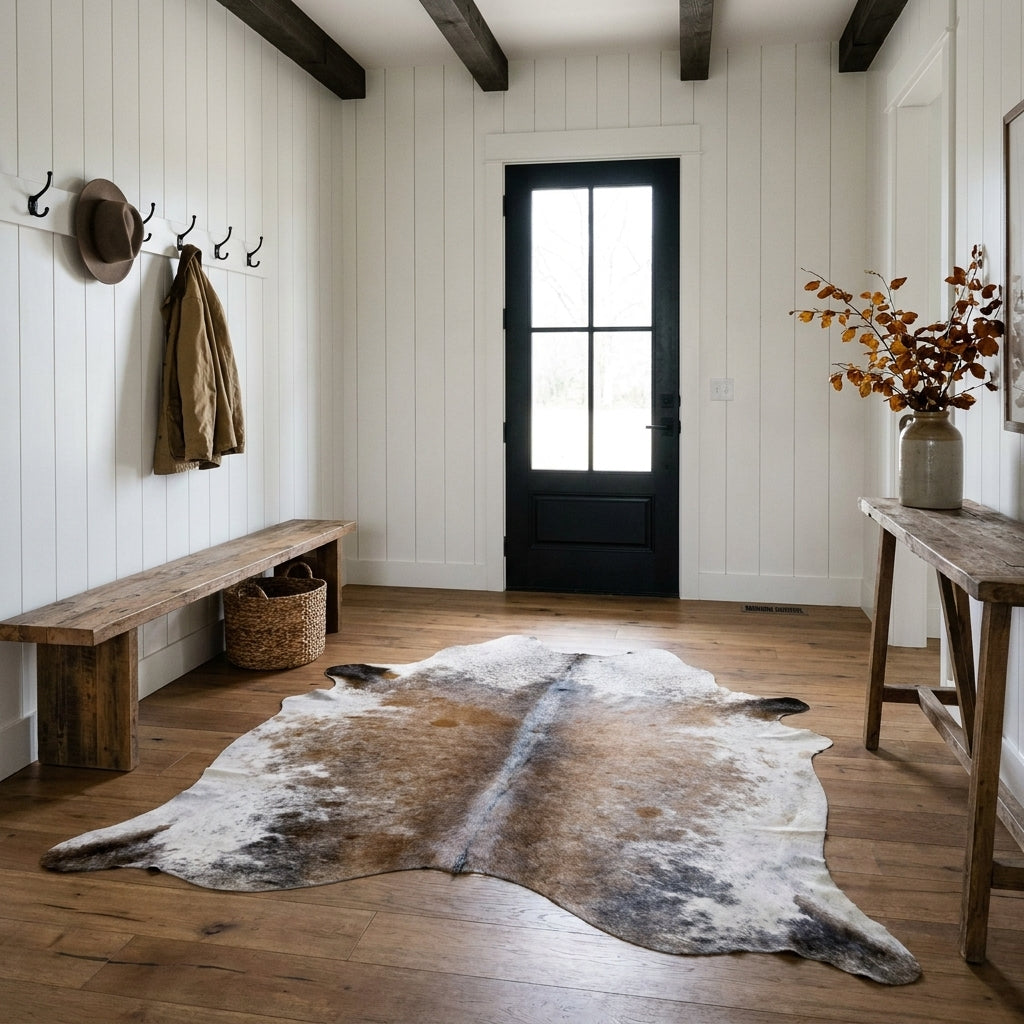 Brown salt and pepper cowhide rug on the oak floor of a modern farmhouse entry hall with a wooden bench and black front door