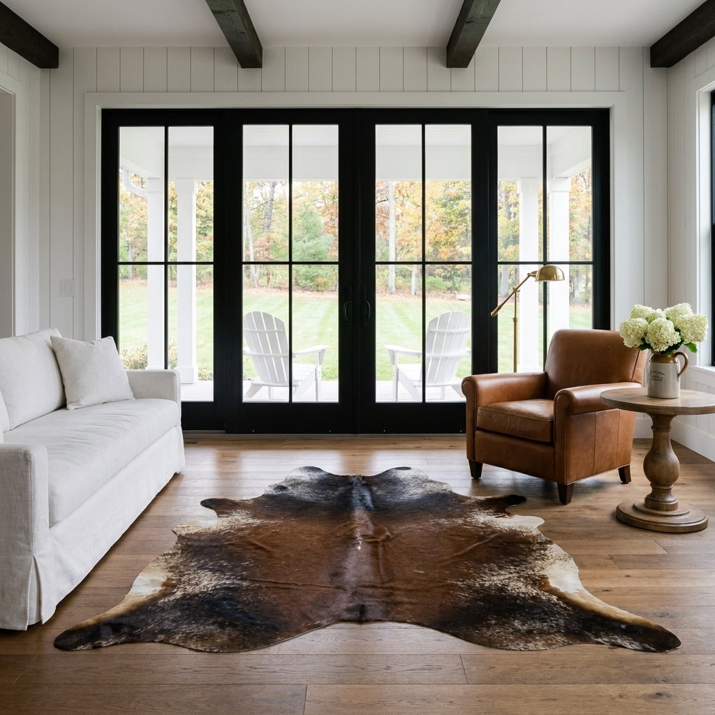 Brown salt and pepper cowhide rug in a modern farmhouse living room with black French doors, linen sofa and leather club chair