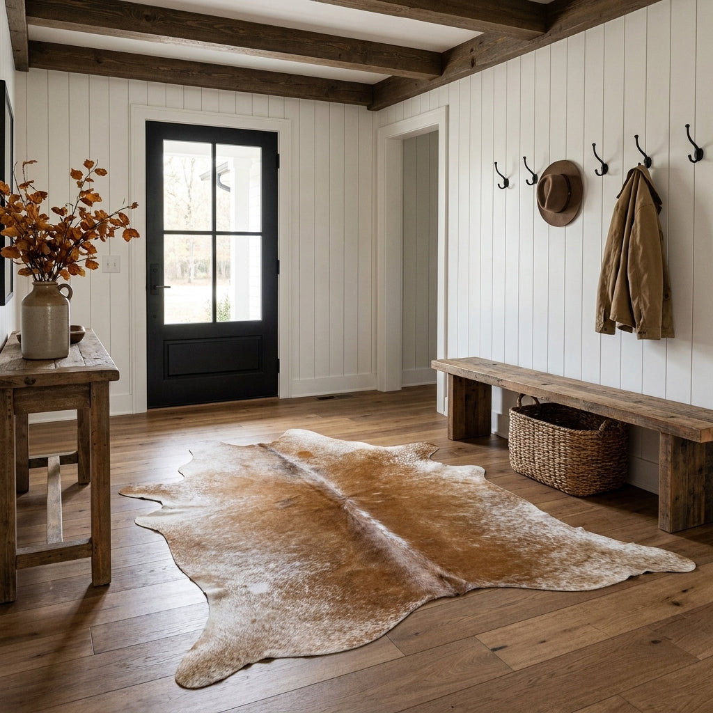 Brown salt and pepper cowhide rug on the oak floor of a modern farmhouse entry hall with a wooden bench and black front door