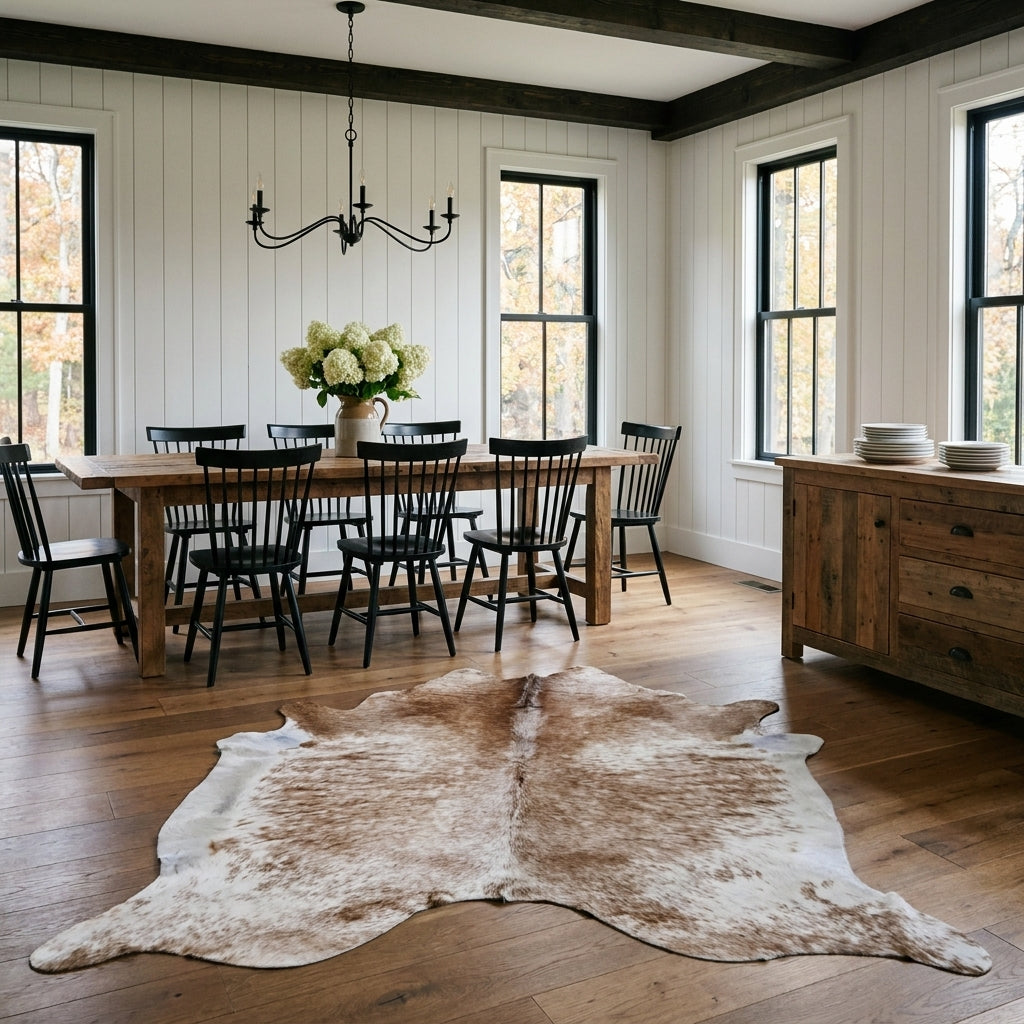 Brown salt and pepper cowhide rug on the oak floor of a modern farmhouse dining room with a rustic wood table and black Windsor chairs