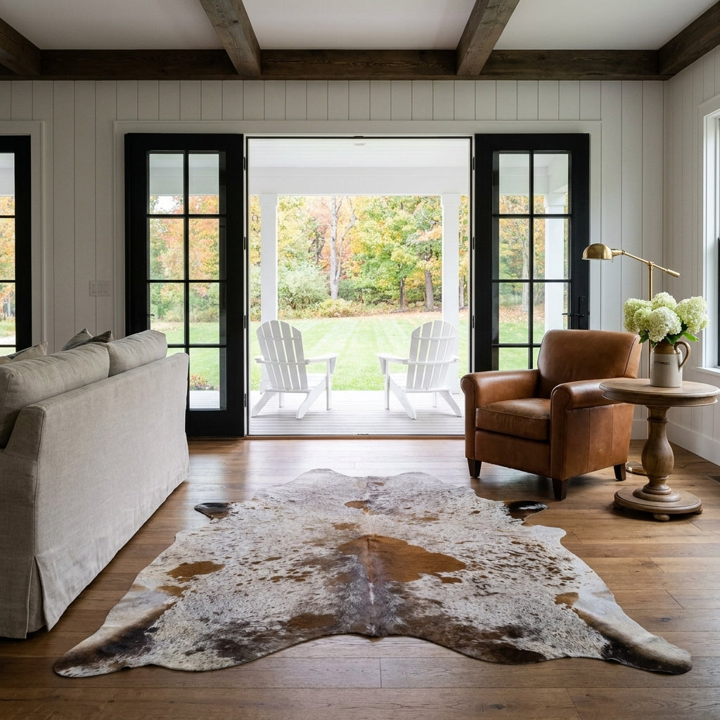 Brown salt and pepper cowhide rug in a modern farmhouse living room with open black French doors, linen sofa and leather club chair
