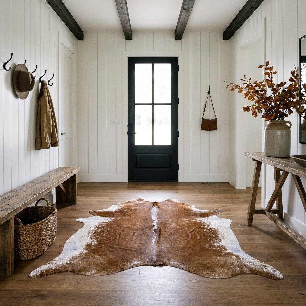 Brown salt and pepper cowhide rug on the oak floor of a modern farmhouse entry hall with a wooden bench and black front door