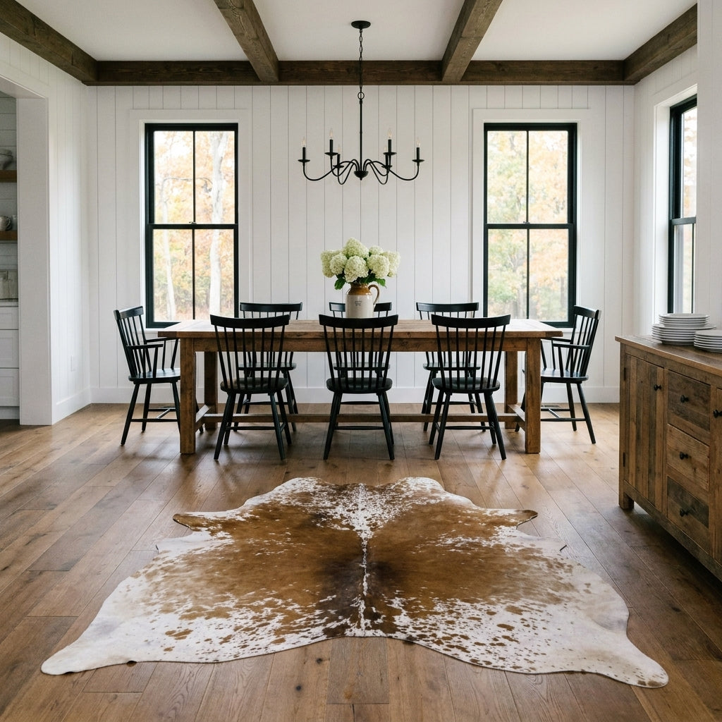 Brown salt and pepper cowhide rug on the oak floor of a modern farmhouse dining room with a rustic wood table and black Windsor chairs