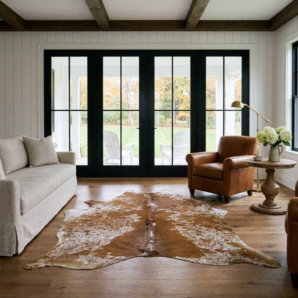 Brown salt and pepper cowhide rug in a modern farmhouse living room with black French doors, linen sofa and leather club chair