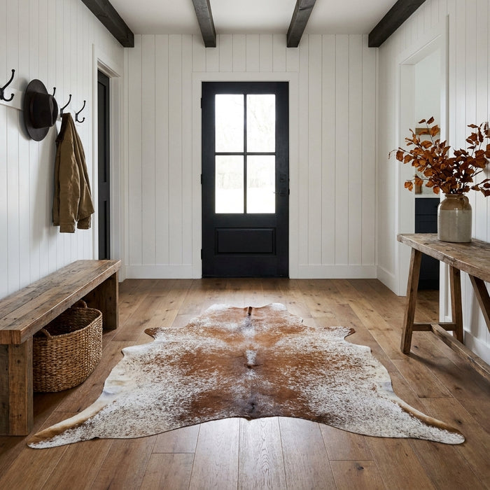 Brown salt and pepper cowhide rug on the oak floor of a modern farmhouse entry hall with a wooden bench and black front door
