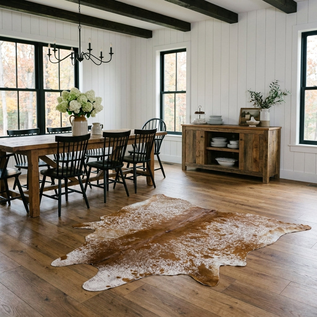 Brown salt and pepper cowhide rug on the oak floor of a modern farmhouse dining room with a rustic wood table and black Windsor chairs