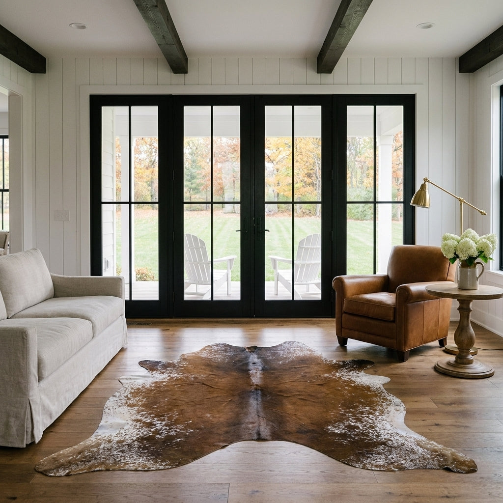 Brown salt and pepper cowhide rug in a modern farmhouse living room with black French doors, linen sofa and leather club chair