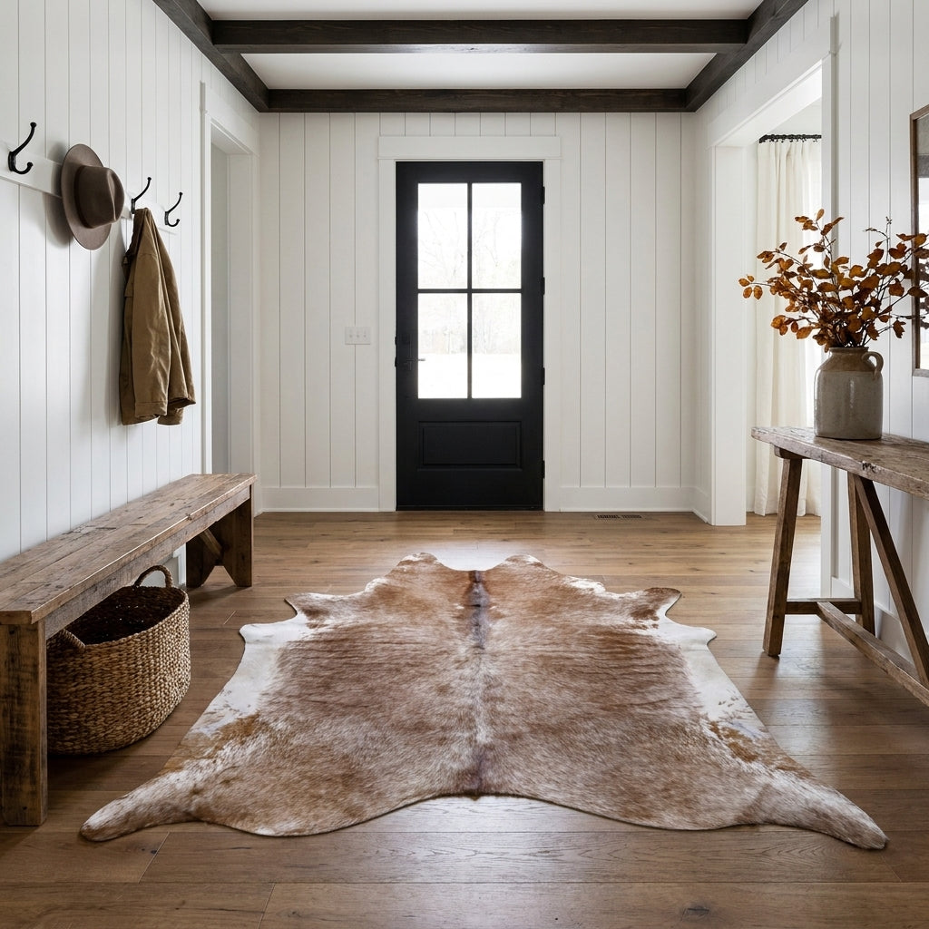 Brown salt and pepper cowhide rug on the oak floor of a modern farmhouse entry hall with a wooden bench and black front door
