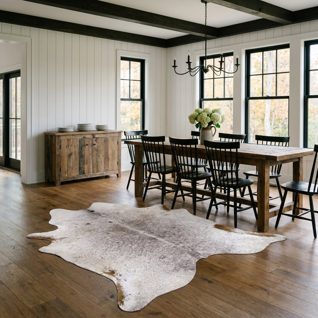 Brown salt and pepper cowhide rug on the oak floor of a modern farmhouse dining room with a rustic wood table and black Windsor chairs