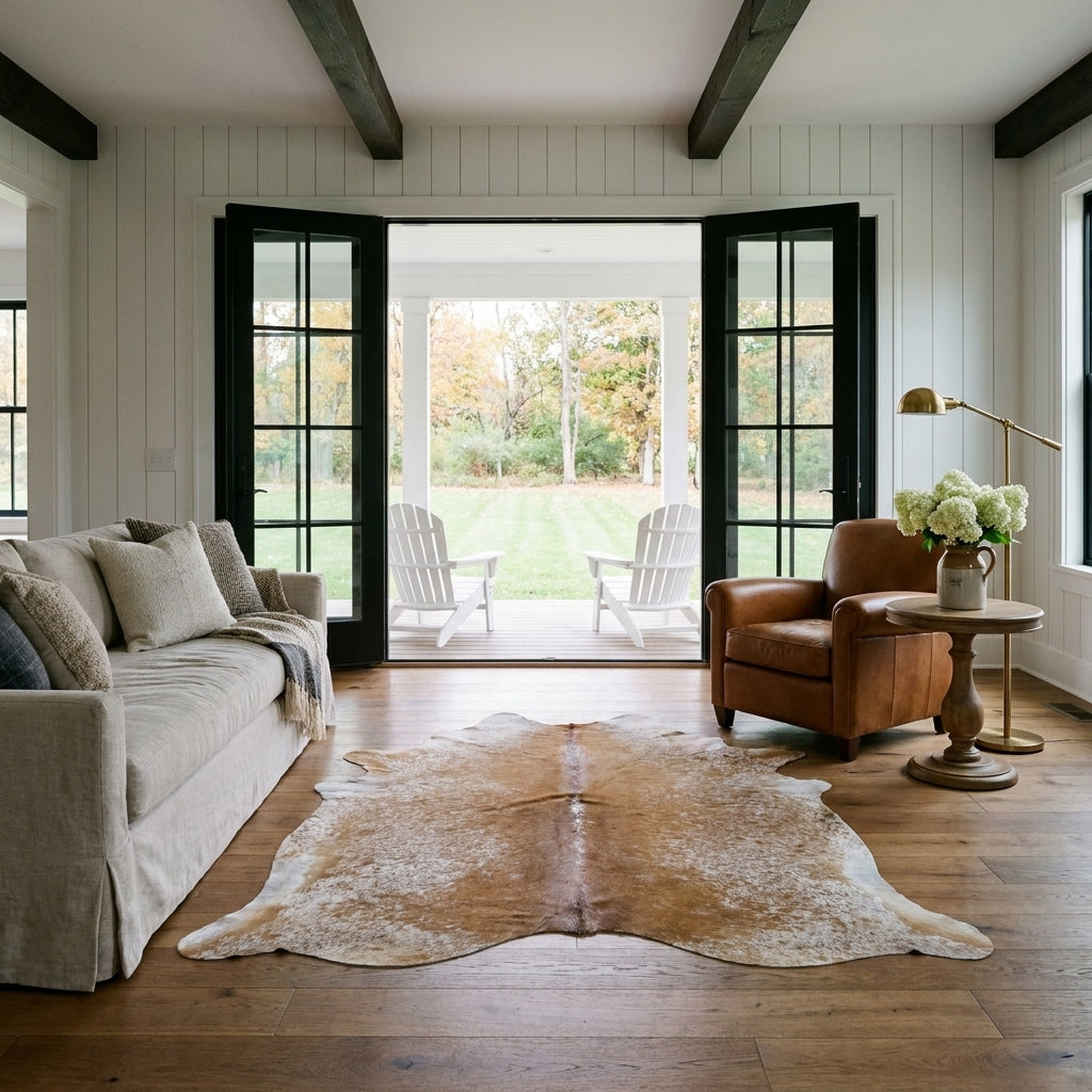 Brown salt and pepper cowhide rug in a modern farmhouse living room with open black French doors, linen sofa and leather club chair