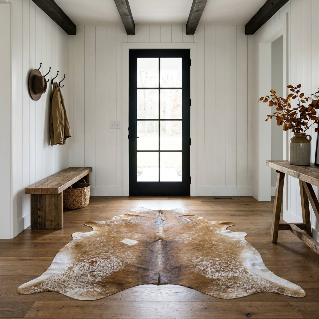 Brown salt and pepper cowhide rug on the oak floor of a modern farmhouse entry hall with a wooden bench and black front door