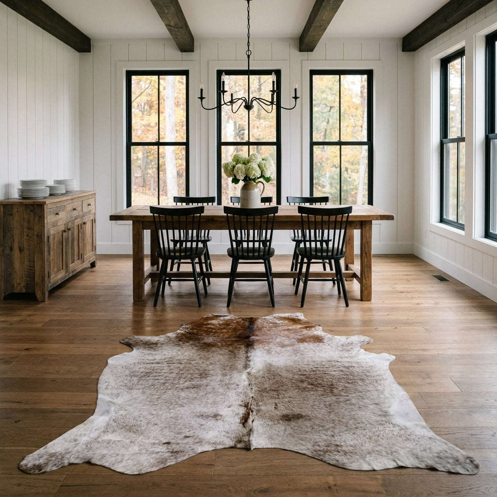Brown salt and pepper cowhide rug on the oak floor of a modern farmhouse dining room with a rustic wood table and black Windsor chairs