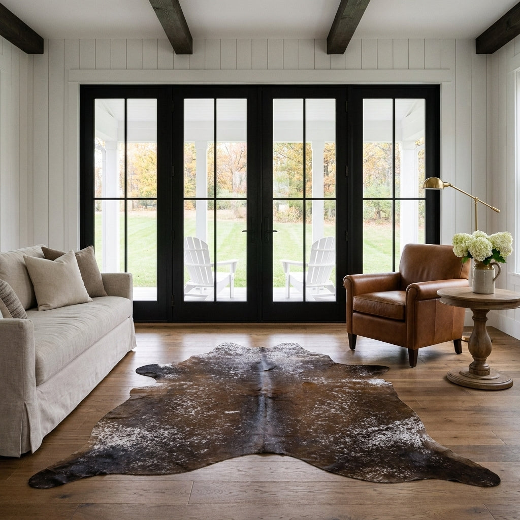 Dark brown salt and pepper cowhide rug in a modern farmhouse living room with black French doors, linen sofa and leather club chair