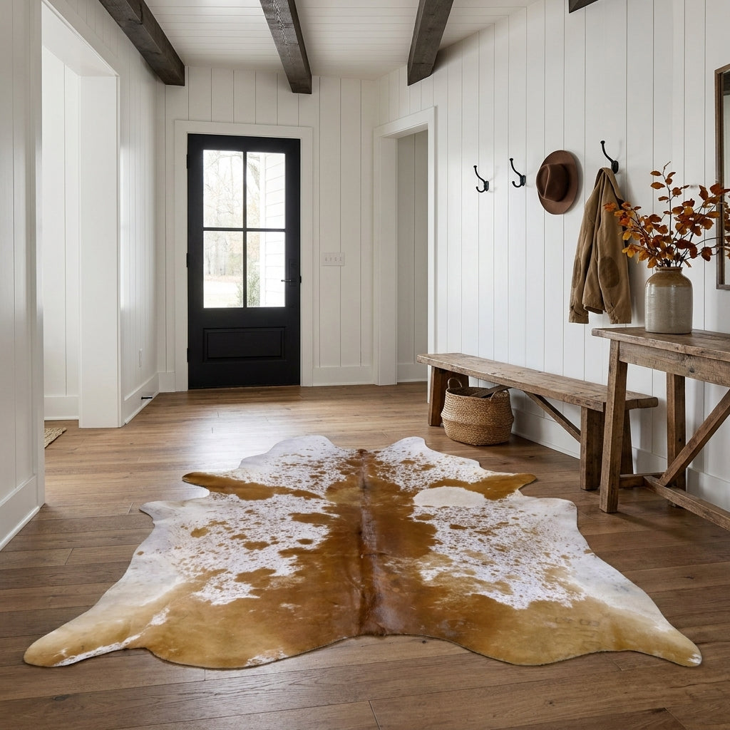 Brown and white salt and pepper cowhide rug on the oak floor of a modern farmhouse entry hall with a wooden bench and black front door