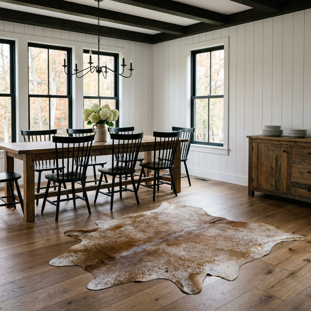 Brown salt and pepper cowhide rug on the oak floor of a modern farmhouse dining room with a rustic wood table and black Windsor chairs
