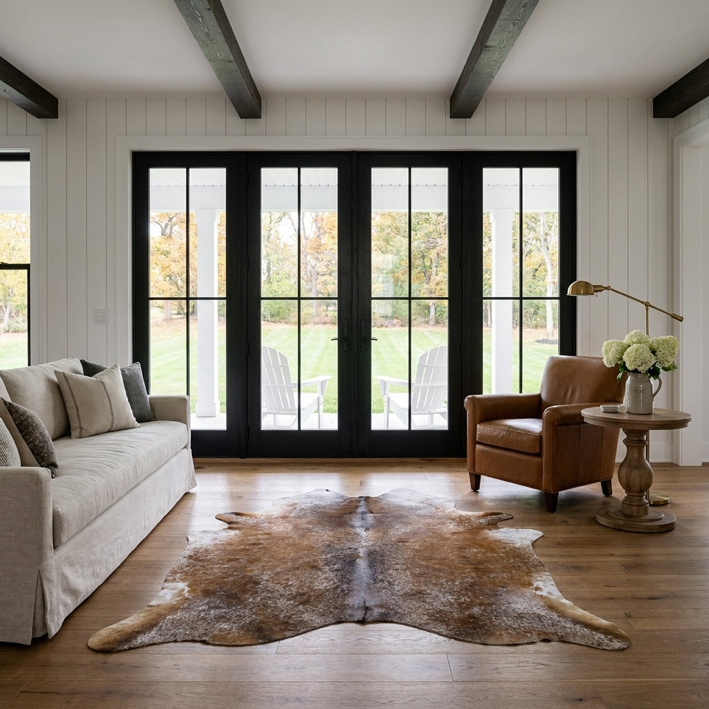 Brown salt and pepper cowhide rug in a modern farmhouse living room with black French doors, linen sofa and leather club chair