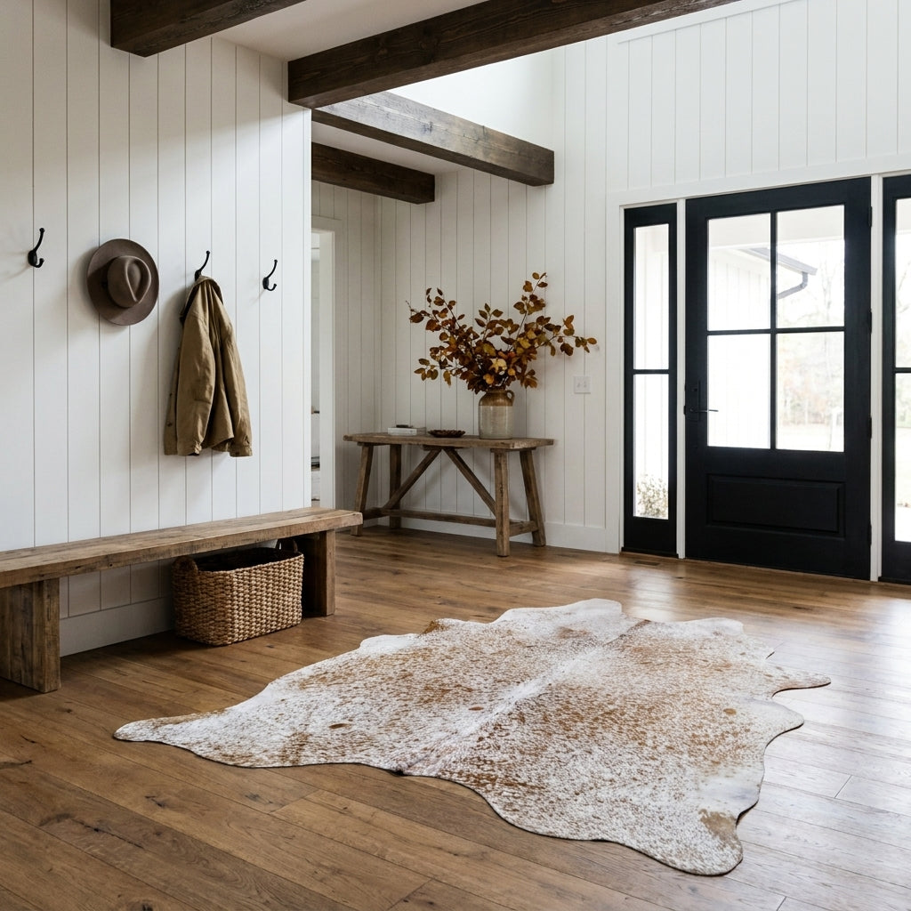 Light brown salt and pepper cowhide rug on the oak floor of a modern farmhouse entry hall with a wooden bench and black front door